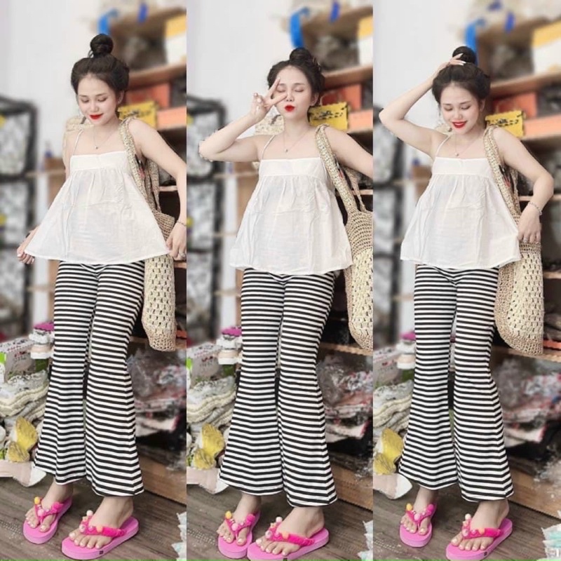 Set Bộ Áo Dây Babidoll Thắt Nơ Lưng Kèm Quần Dài Loe