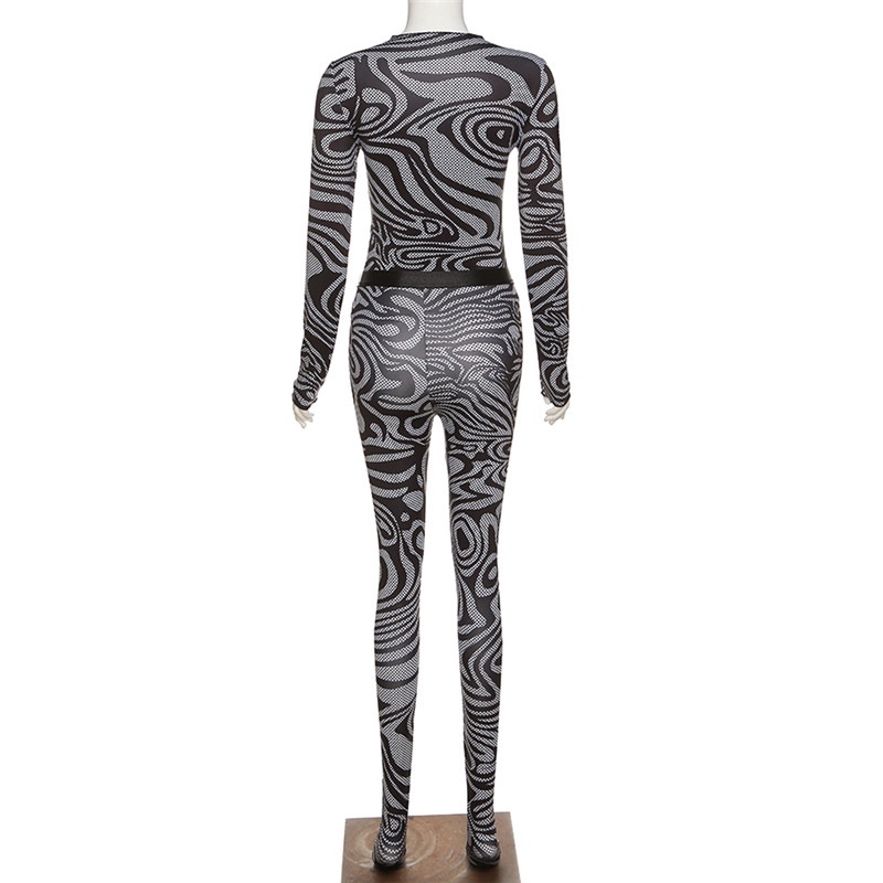 DUNEA Bộ Áo Tay Dài In Họa Tiết + Quần Dài Lưng Cao Nâng Hông Quyến Rũ Cho Nữ