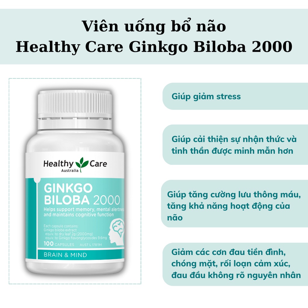 Viên uống bổ não Healthy Care Ginkgo Biloba tăng cường trí nhớ, giảm đau đầu, lưu thông máu não - 100 viên