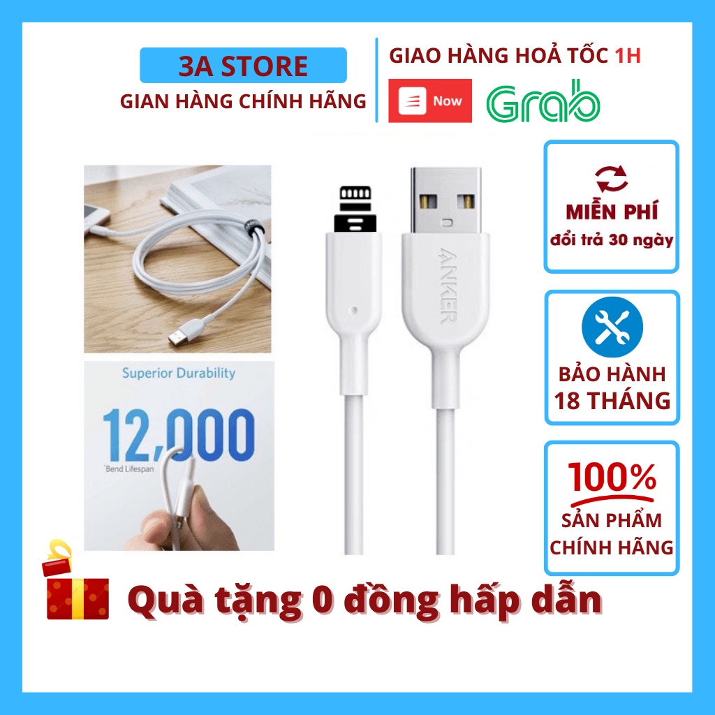 Dây cáp sạc anker A8432 A8433 0.9m 1.8m usb A to L Powerline 2 chip c89 sạc nhanh sạc dự phòng tai nghe bluetooth ốp