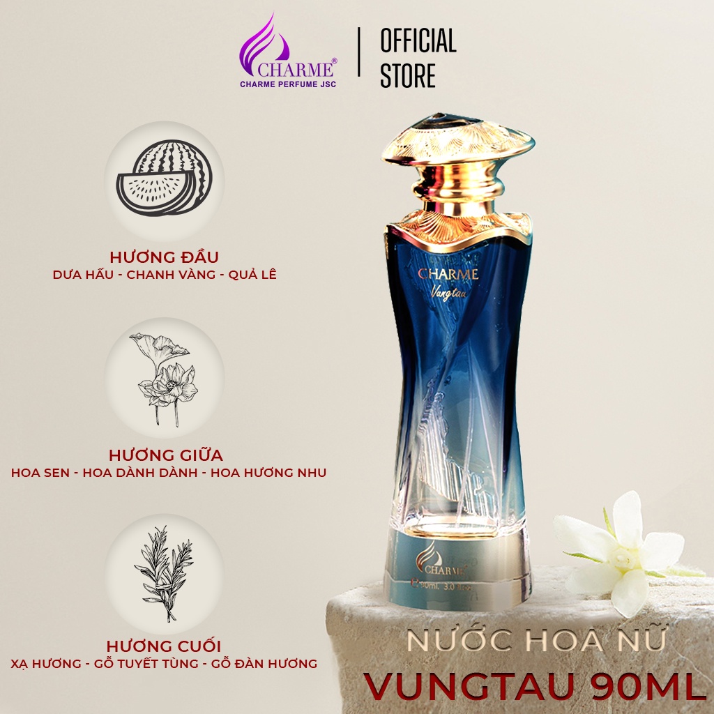 Nước hoa nữ cao cấp, Charme Vungtau, hương nước hoa lưu hương lâu, với gam màu xanh biển thướt tha, 90ml
