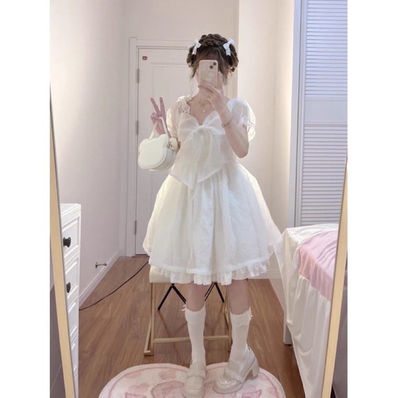 Đầm loli thắt nơ dáng ngắn 2 lớp dễ thương ☁️