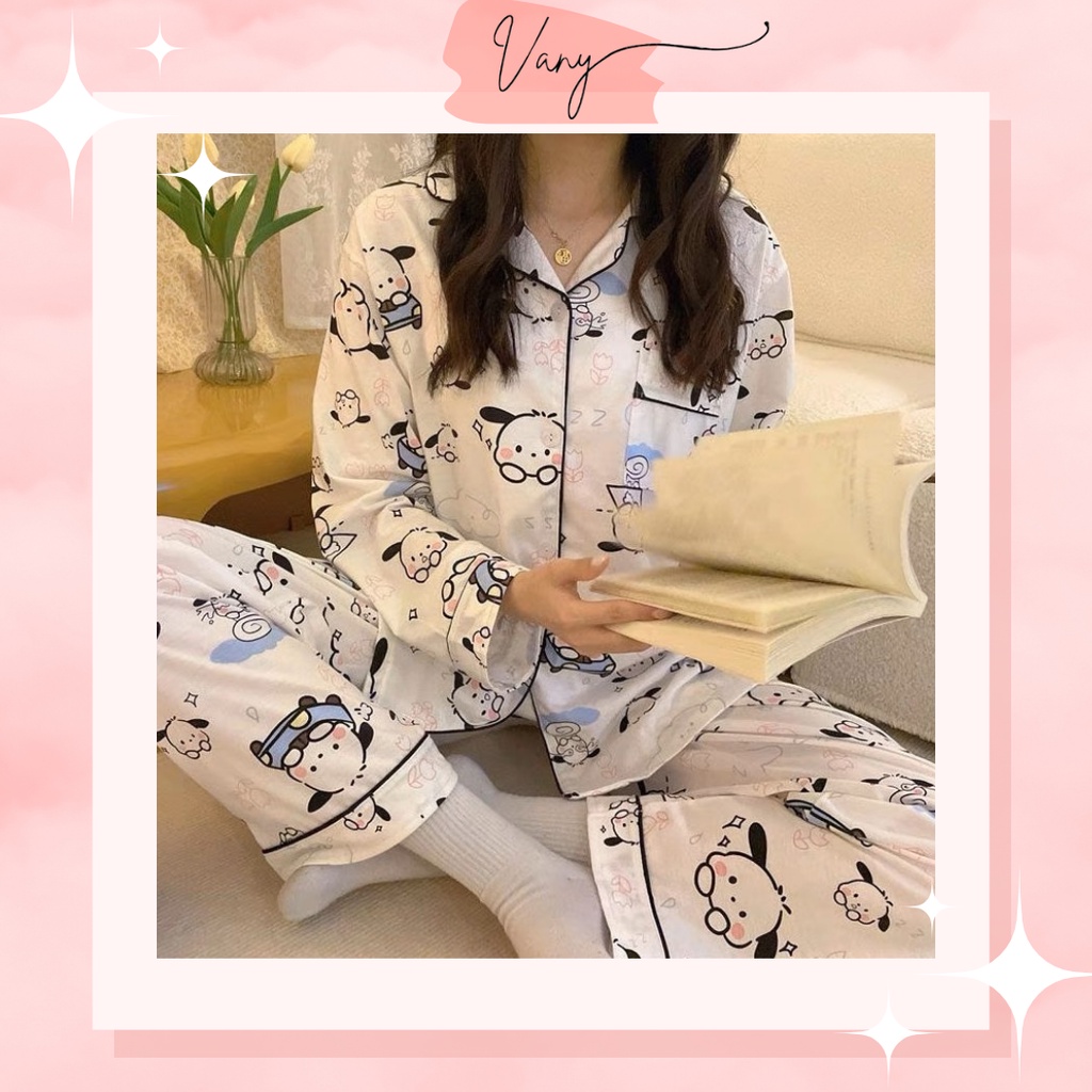 Bộ Đồ Ngủ Pijama Tay Dài In Hoạt Hình Chú Chó Màu Trắng Dễ Thương Chất Cotton Mịn Đẹp Đủ Size Form Rộng