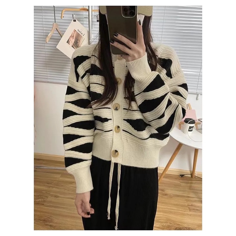 SUXI Áo Khoác Cardigan Dệt Kim Tay Dài Dáng Rộng Họa Tiết Kẻ Sọc Thời Trang Mùa Thu Cho Nữ