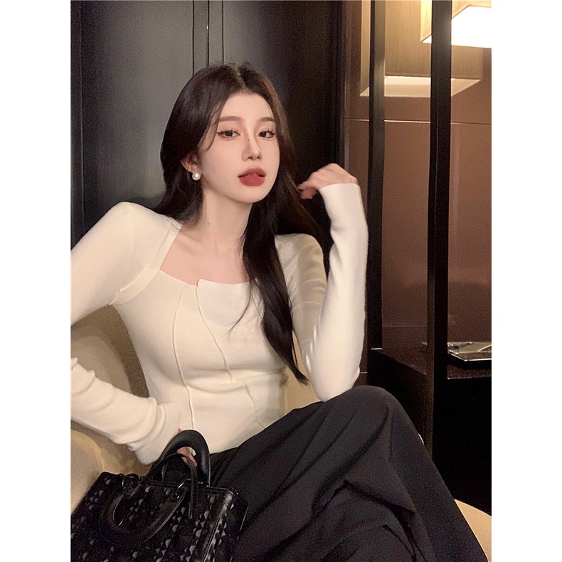 ZHELIHANGFEI Áo Dệt Kim Tay Dài Cổ Vuông Lưng Cao Quyến Rũ Thời Trang Cho Nữ