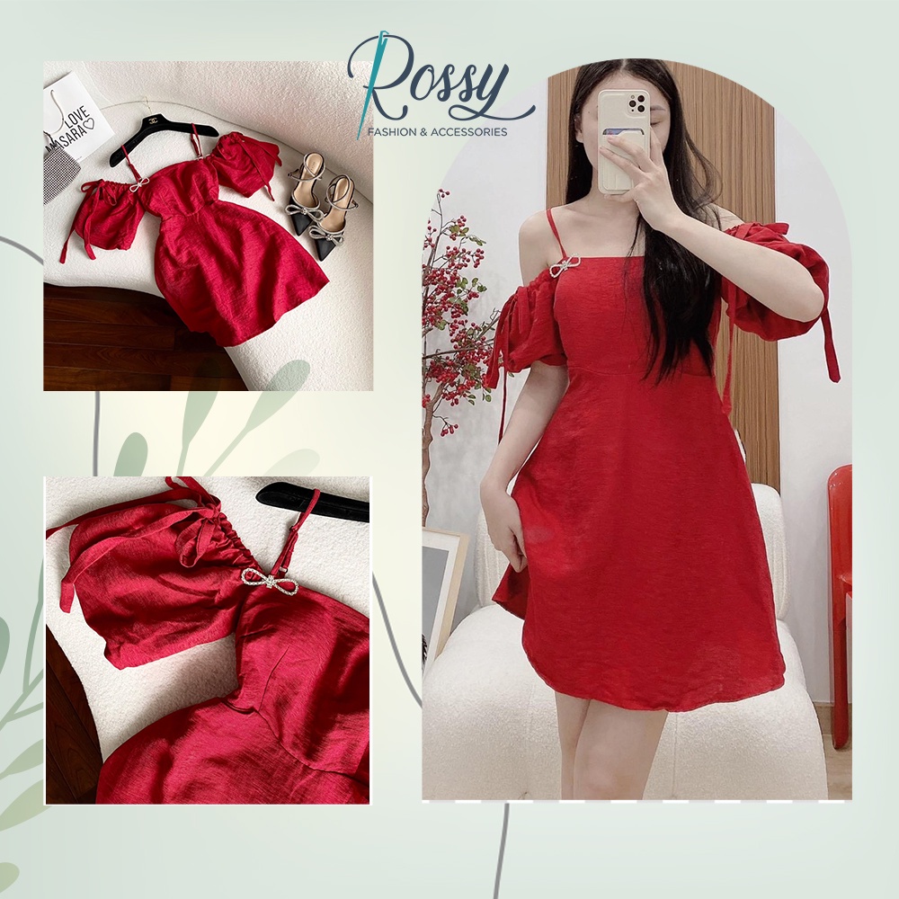 HÀNG CÓ SẴN Đầm đỏ 2 dây rớt tay phồng đính nơ đá Rossy Fashion - SR195