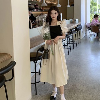 Đầm váy tay lửng phối áo hai dây cổ vuông