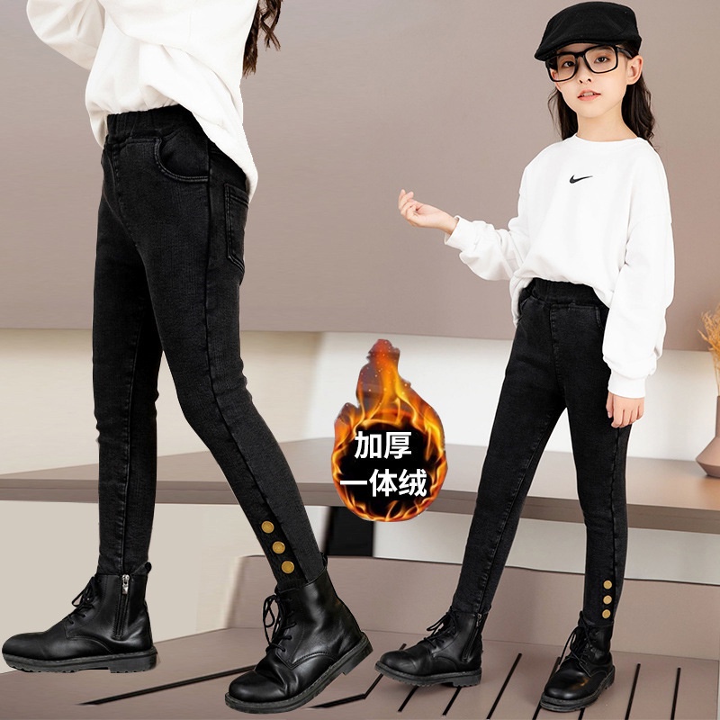 YAOEENH Quần Jean Dài Lót Lông Cừu Co Giãn Giữ Ấm Họa Tiết Hoạt Hình Phong Cách Hàn Quốc Cho Bé Gái 100-160cm