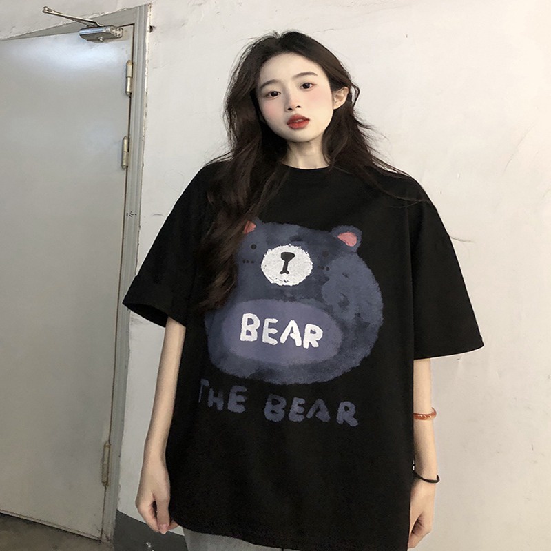 Áo Thun Tay Ngắn Dáng Rộng In Hình Gấu Kiểu Hàn Quốc Dễ Thương Cho Học Sinh