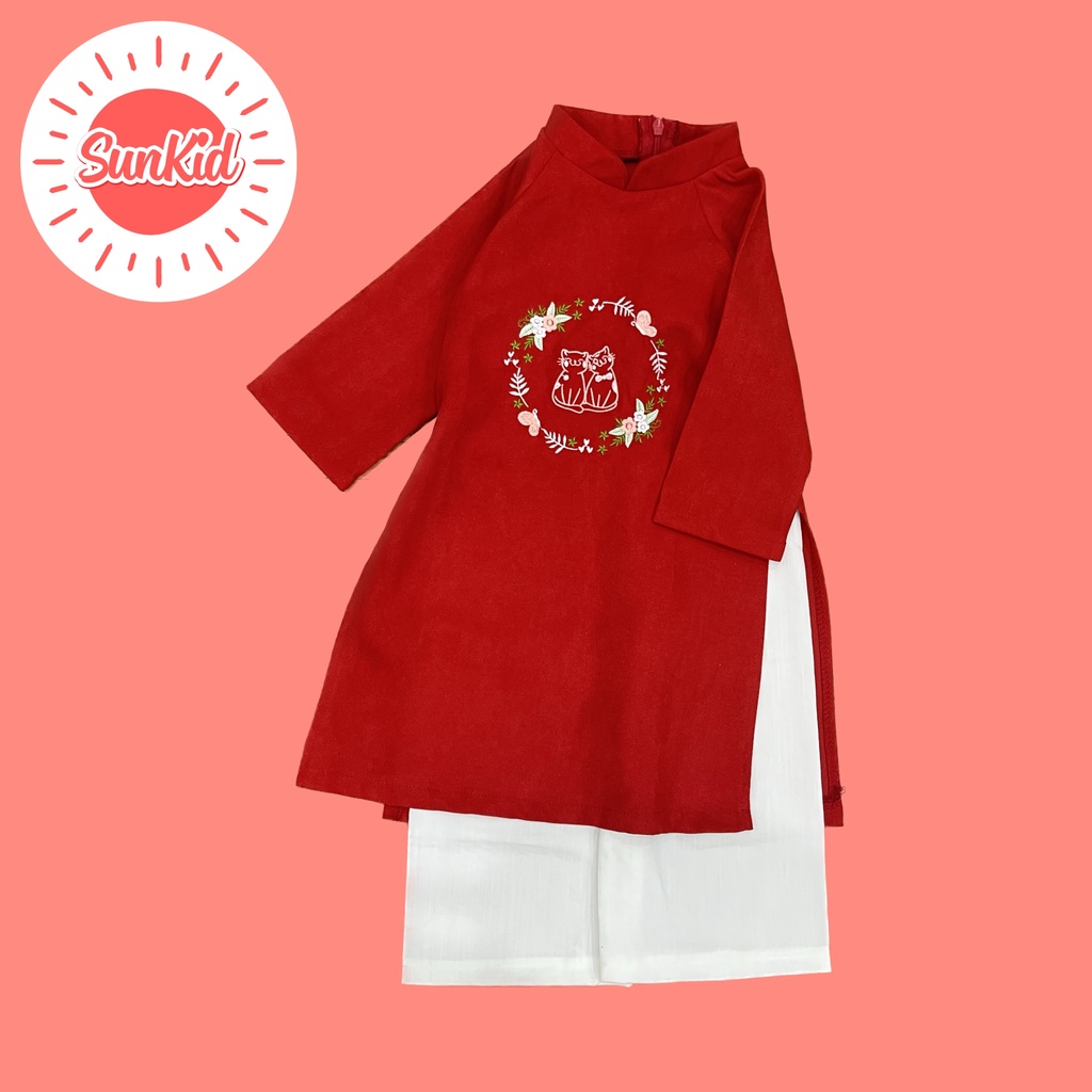 Áo Dài Cách Tân + Quần Cho Bé Gái Chất Liệu Nhung Tăm Thêu Đôi Mèo Xinh Xắn Sunkid AD05 Mẫu Mới 2023