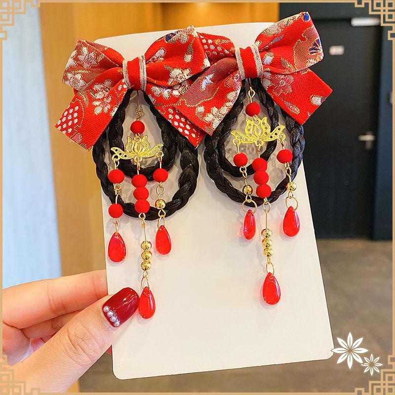 1 Cặp Kẹp Tóc Giả Thắt Nơ Đỏ Phong Cách Trung Hoa Năm Mới 2023
