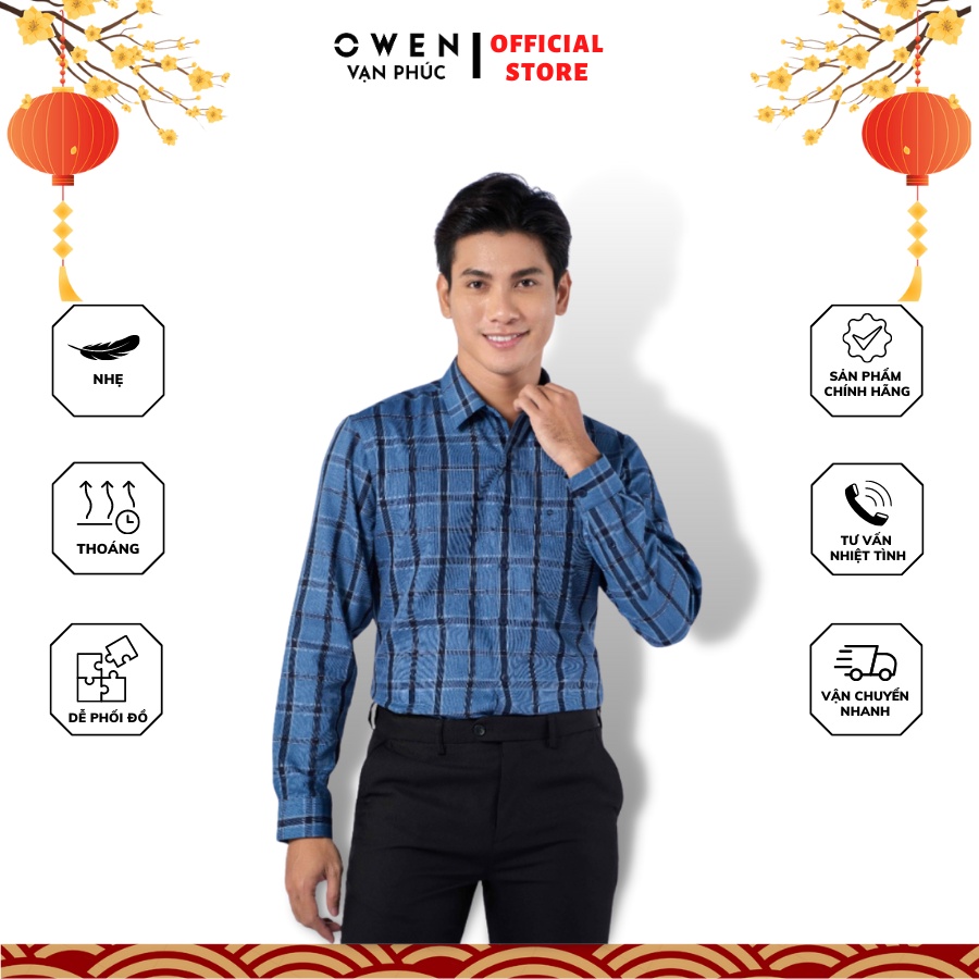 Áo Sơ Mi Nam Dài Tay OWEN AR220855DT Kẻ Caro Xanh Navy Kiểu Dáng Regular Fit Chất Liệu Cafe Mịn Mát Dễ Phối Đồ