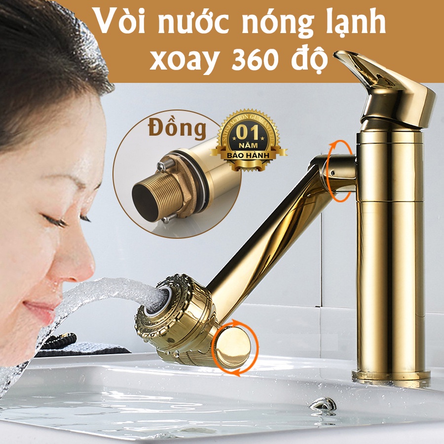 Vòi Chậu Lavabo Xoay 360 Độ Nóng Lạnh Đa Năng Bằng Đồng Rửa Mặt Tay Bát Tăng Áp Điều Chỉnh Legaxi