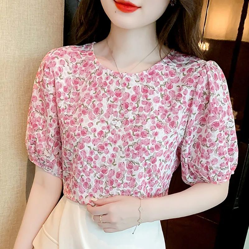 Áo Sơ Mi Chiffon Cổ Tròn Tay Ngắn In Họa Tiết Hoa Phong Cách Hàn Quốc Thời Trang Mùa Hè Cho