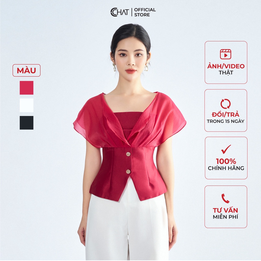 Áo Kiểu Nữ 𝐂𝐂𝐇𝐀𝐓 Phối Tơ Cổ V Vai Chất Liệu Tafta Cao Cấp 62ANB8006OT