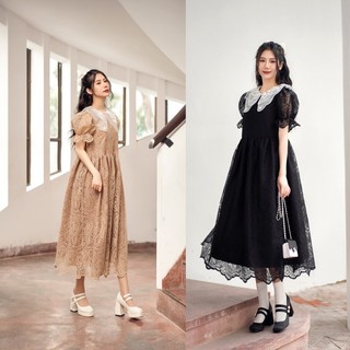 Đầm ren babydoll cổ ren Hàn Quốc, Váy ren Hàn quốc dáng dài