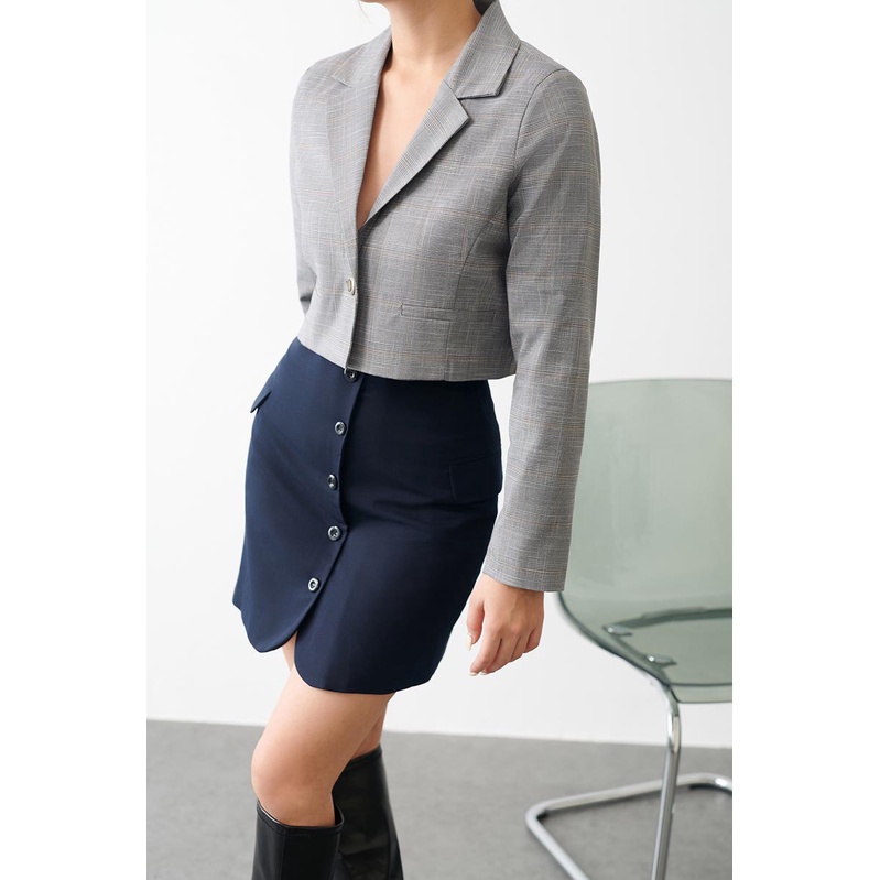 Áo blazer nữ tay dài dáng lửng phong cách công sở thời trang GAGO caro xám GA4170