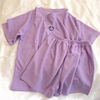 Set áo phông kèm quần đùi mặc nhà ulzzang hình mặt cười pastel phong cách Hàn Quốc