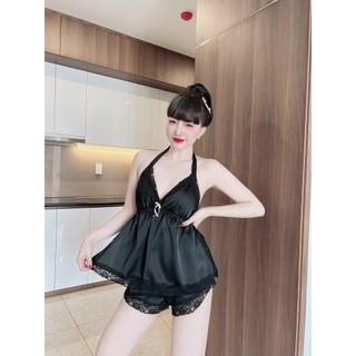 Bộ lụa satin viền ren cột nơ có mút, chất satin mịn mượt mặc rất mát