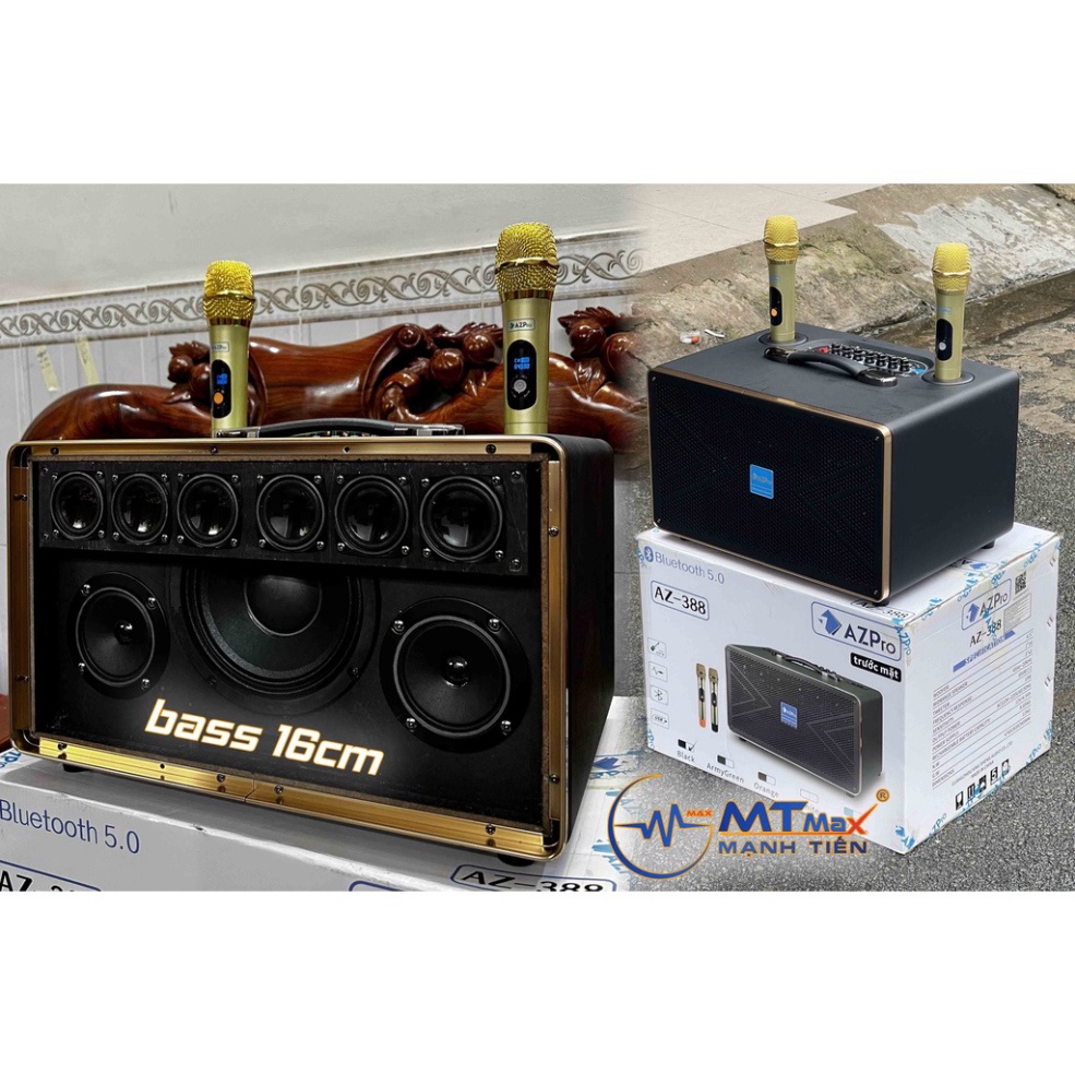 Loa di động xách tay AZPRO AZ 388 karaoke âm thanh cực chi tiết. Bass 16, 2mid và 6 chiếc loa treble kèm 2 mic không dây