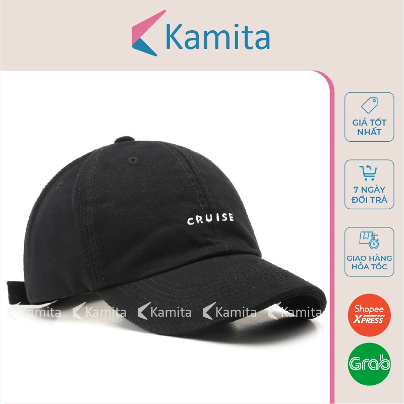 Mũ Lưỡi Trai, Nón Lưỡi Trai KAMITA Thêu Chữ Cruise Nam Nữ Hàn Quốc, Nón Kết Đen Be Đẹp Vải Kaki Cao Cấp Chính Hãng KM15
