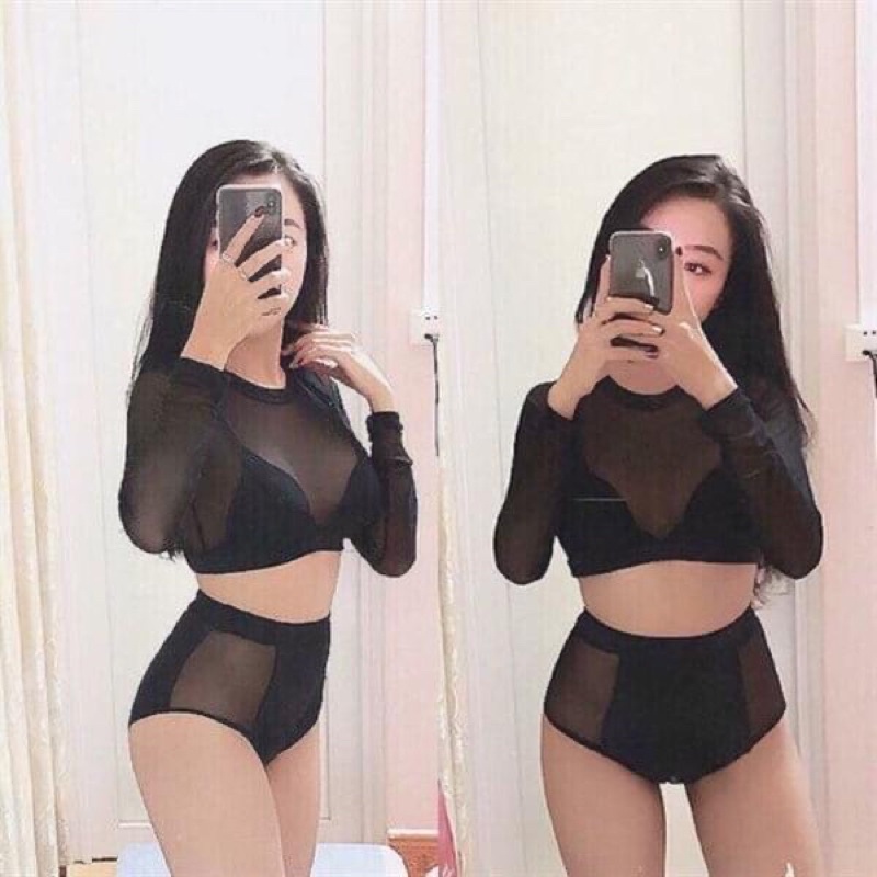 Bikini tay dài lưới kèm  tam giac quan xịt lưng cao pha lưới