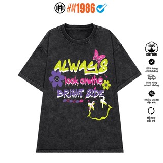 Áo thun unisex wash xám phom rộng chính hãng hm1986 cotton 100% in hinh gấu g102