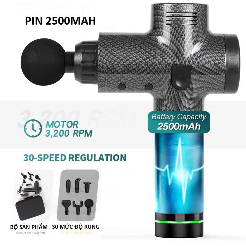 Máy massage cầm tay Cao Cấp EM009, súng Massage cao cấp 6 Đầu 30 Chế Độ Giãn Căng Cơ, máy massage toàn thân