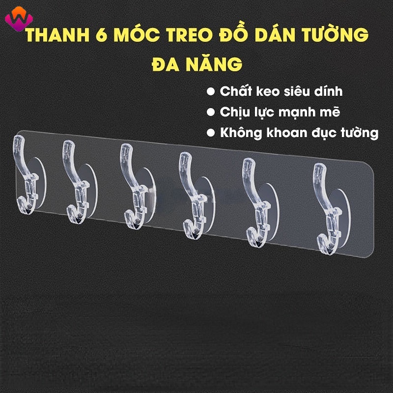 Thanh 6 Móc Dán Tường Siêu Dính Trong Suốt Treo Đồ, Quần Áo, Khăn, Đồ Dùng Nhà Bếp - Siêu Dính, Siêu Chịu Lực HSU