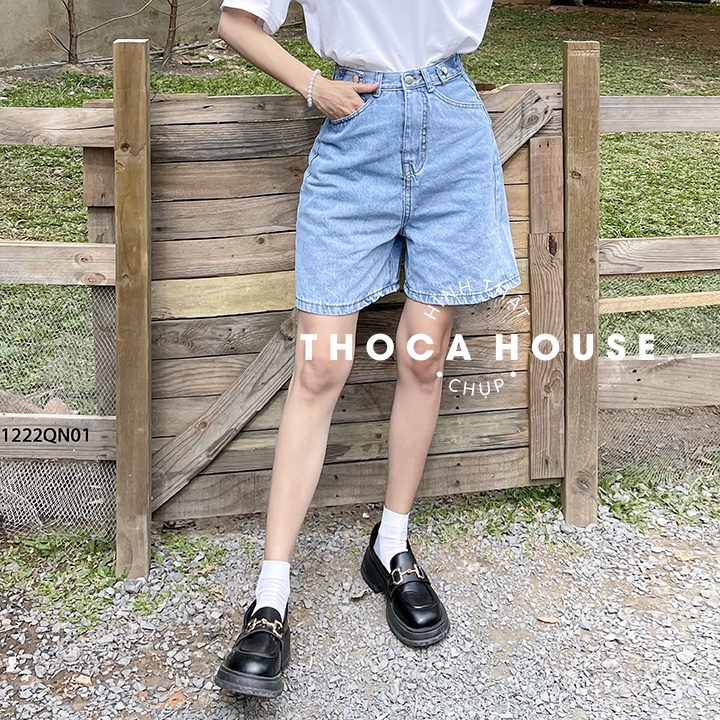 Quần jeans short ngố lai nút lưng kiểu trơn xanh nhạt 064 THOCA HOUSE có size, trẻ trung năng động, dễ phối đồ