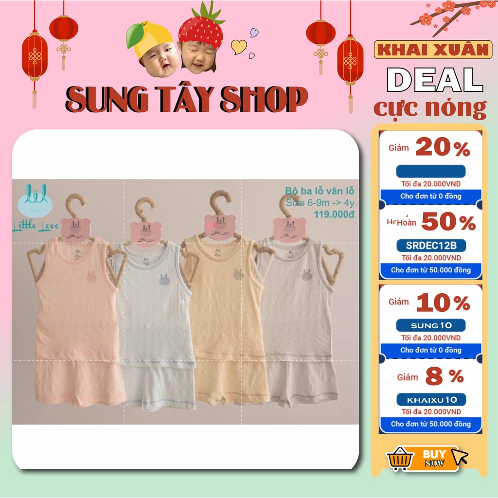 Lil little love - Bộ cộc ba lỗ, bộ sát nách vân lỗ thông hơi cho bé đủ size 9-17kg