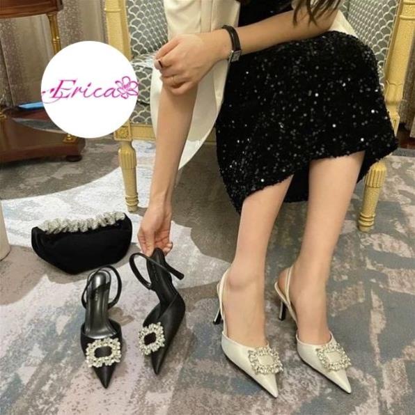 Hot 2023 Guốc nữ gót 7p nhọn bít mũi đính đá to có quai hậu 2 màu trắng đen quyến rũ ERICA SHOES E74 (E68) BCF
