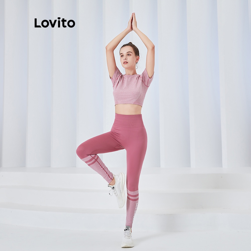Quần legging lovito l04046 dáng ôm thể thao không xuyên thấu độ co giãn cao họa tiết ghép màu xanh dương/hồng