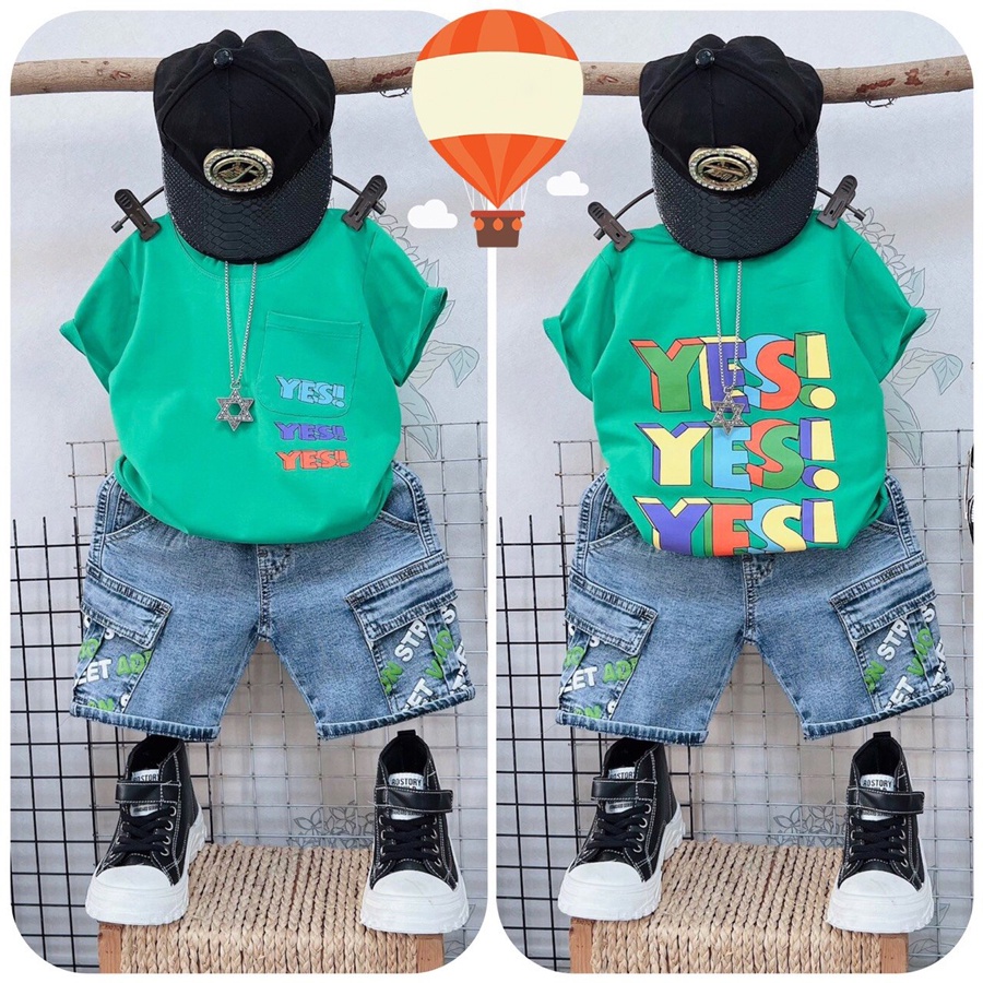 Đồ bộ bé trai, bộ jean túi hộp chữ Yess cool ngầu cho bé trai từ 10 đến 55 kg