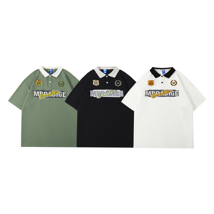 Áo thun polo unisex tay lỡ form rộng, áo thun cổ bẻ nam nữ phông oversize chất cotton cá sấu mềm, logo in xịn cao cấp