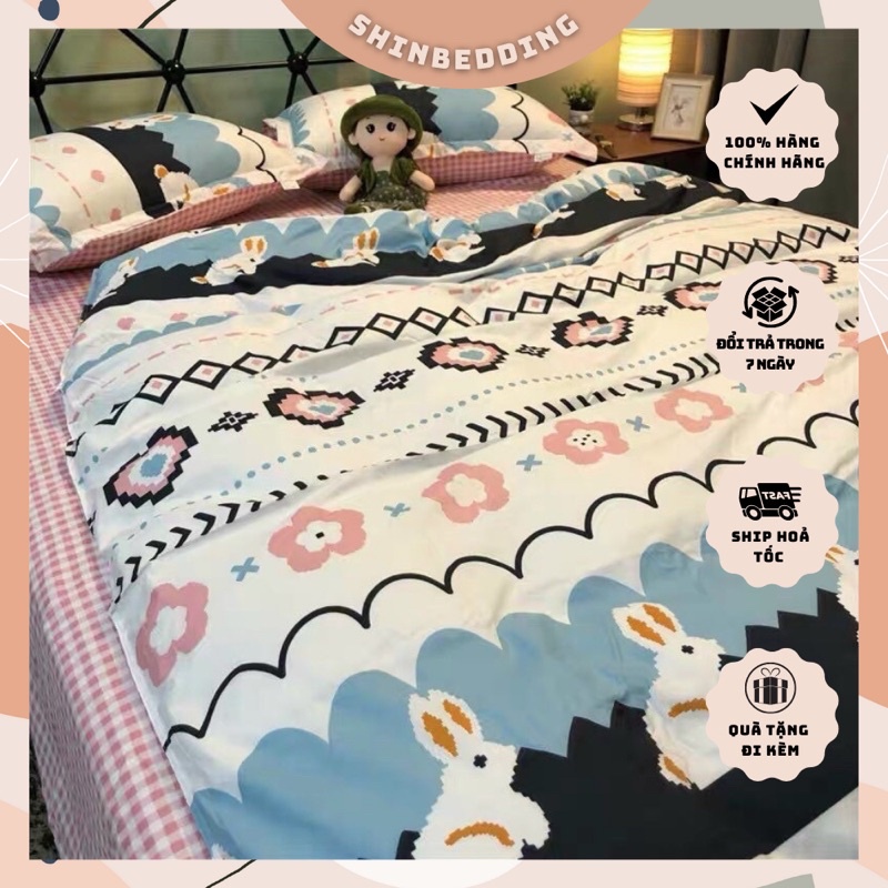 Set Chăn Ga Cotton PoLy Thỏ Hoa Tim Ga Kẻ Caro Trắng Hồng Chất Bền Shinbedding.shop