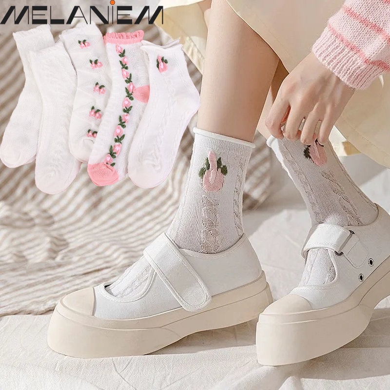 Bộ 5 Đôi Vớ Cotton Mềm Mại Thoáng Khí Chống Trượt Thêu Hoa Phong Cách Lolita Ngọt Ngào