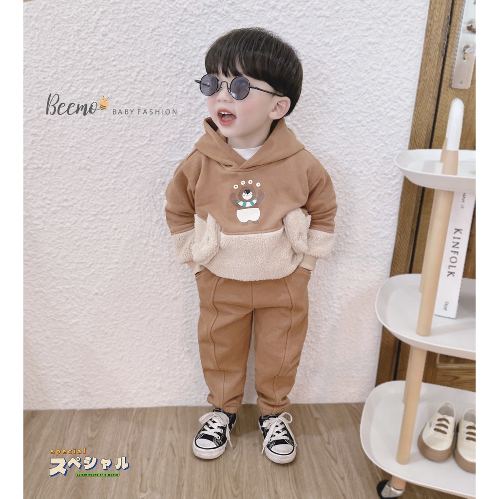 [CHÍNH HÃNG] Bộ quần áo trẻ em dài tay chất nỉ phối lông ấm áp hoạt tiết gấu đáng yêu Beemo