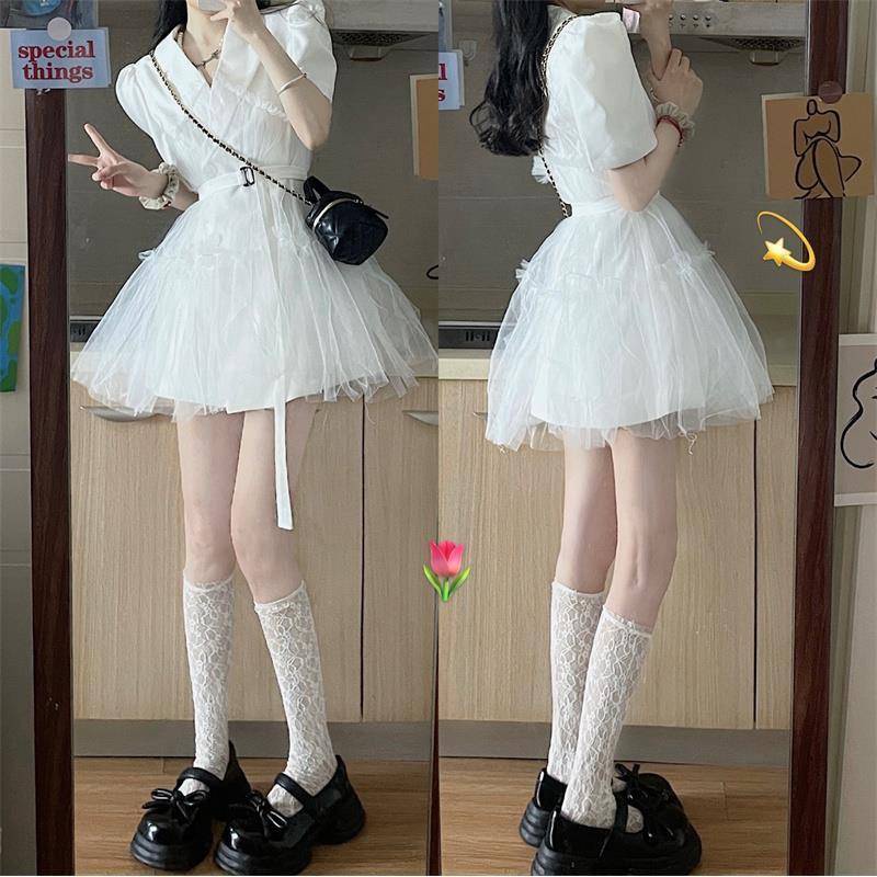 Đầm Tay Ngắn Phồng Cổ Bẻ Phối Lưới Thời Trang Cho Nữ