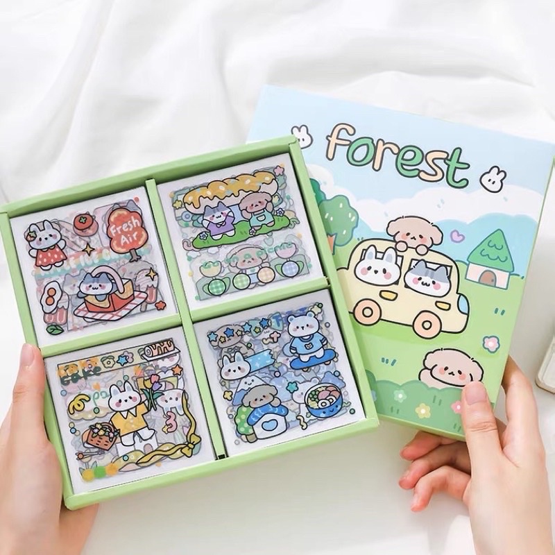 Sticker hộp 100 tấm cute Forest - Tặng Hình Xăm Dán