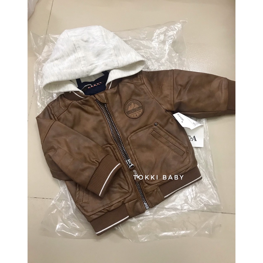 Áo khoác da biker màu nâu có mũ cho bé trai ACA005