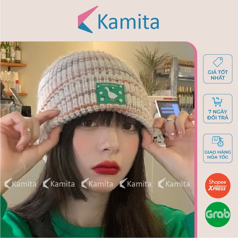 Mũ Len Dệt Kim Thêu Hình Con Vịt KAMITA Thời Trang Hàn Quốc, Nón Len Beanie Dài Đẹp Unisex Cao Cấp Vintage Mùa Đông ML05