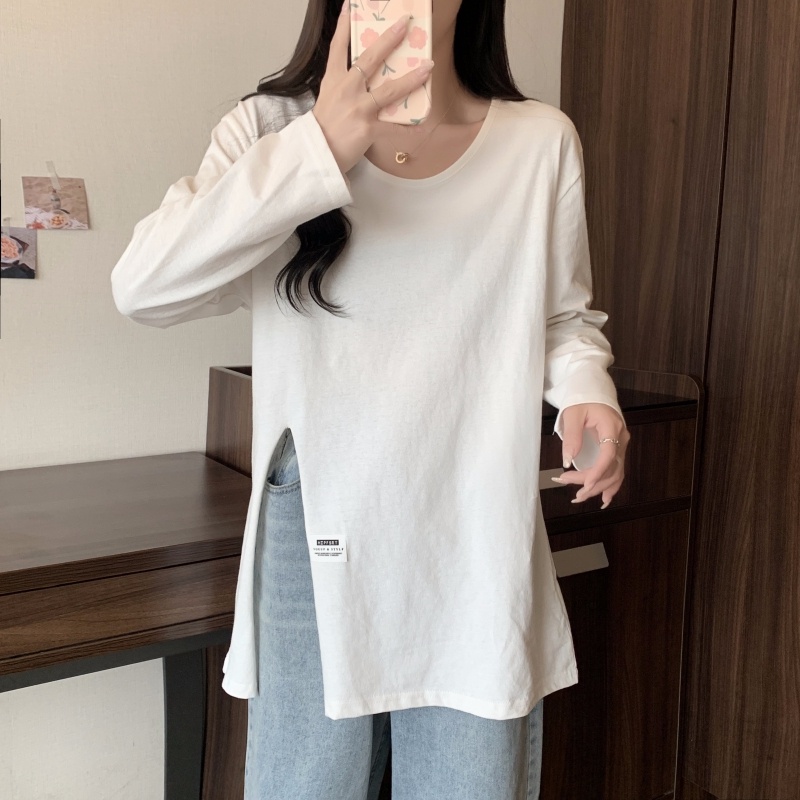 Áo Thun Tay Dài Cổ Tròn Màu Trơn Thiết Kế Xẻ Quyến Rũ