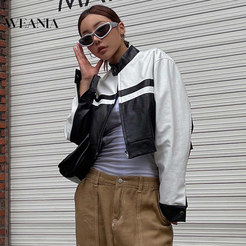 Áo Khoác Da PU Tay Dài Cổ Cao Cài Nút Phối Màu Cá Tính