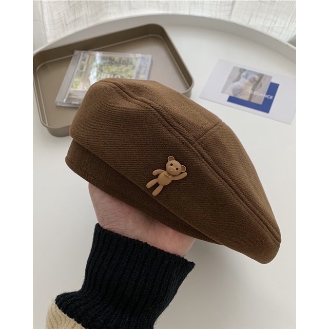 Mũ Beret, mũ nồi len họa tiết gấu phong cách Nhật Bản, thời trang thu đông cho nữ
