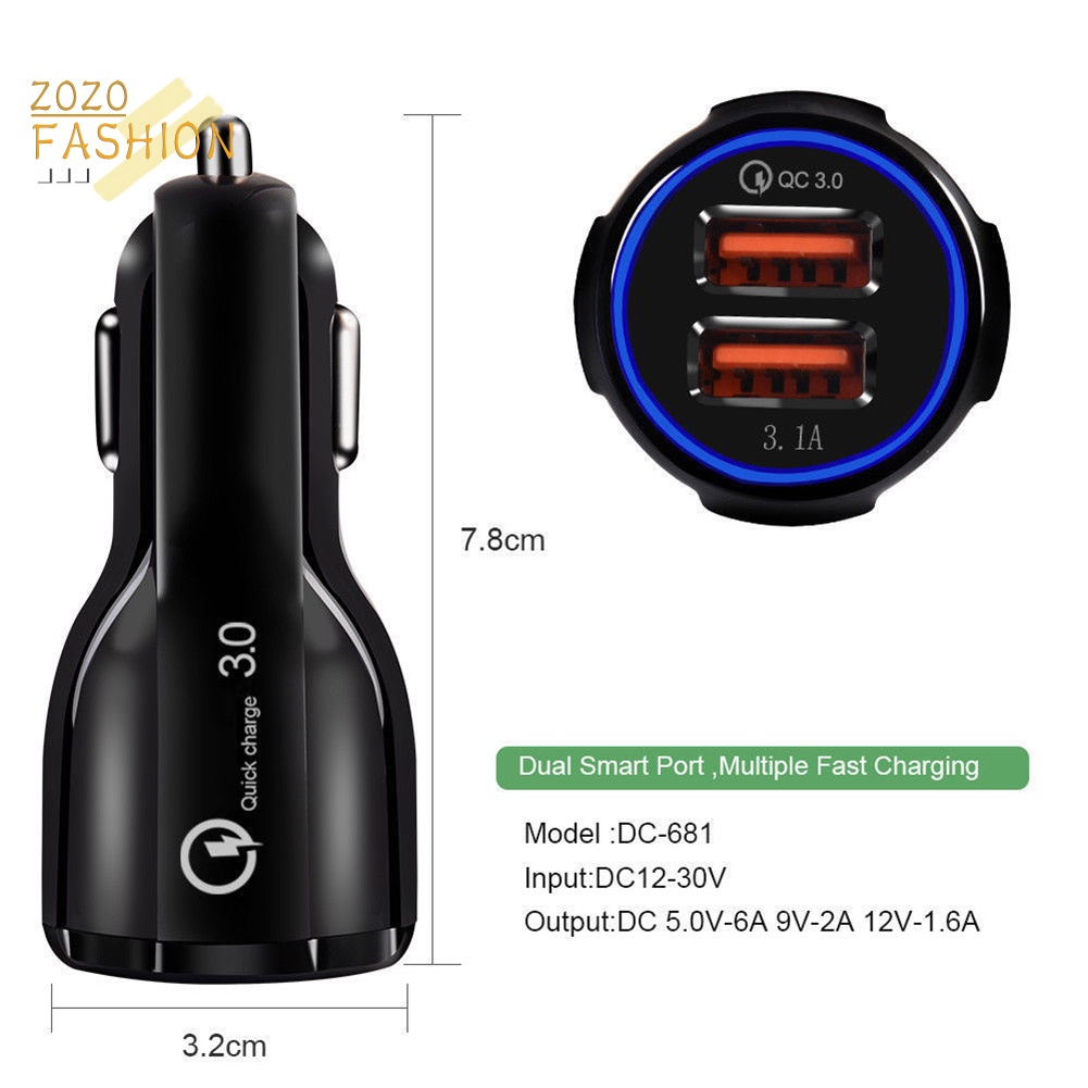 Tẩu Sạc Nhanh QC3.0 2 Cổng USB 36W Tiện Dụng Cho Xe Hơi