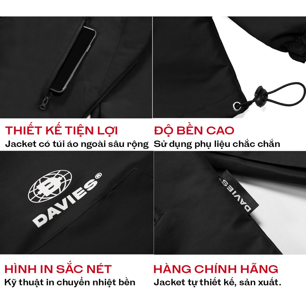 Áo khoác dù nam nữ có nón, màu đen local brand davies DPH4X jacket| D30-AK8