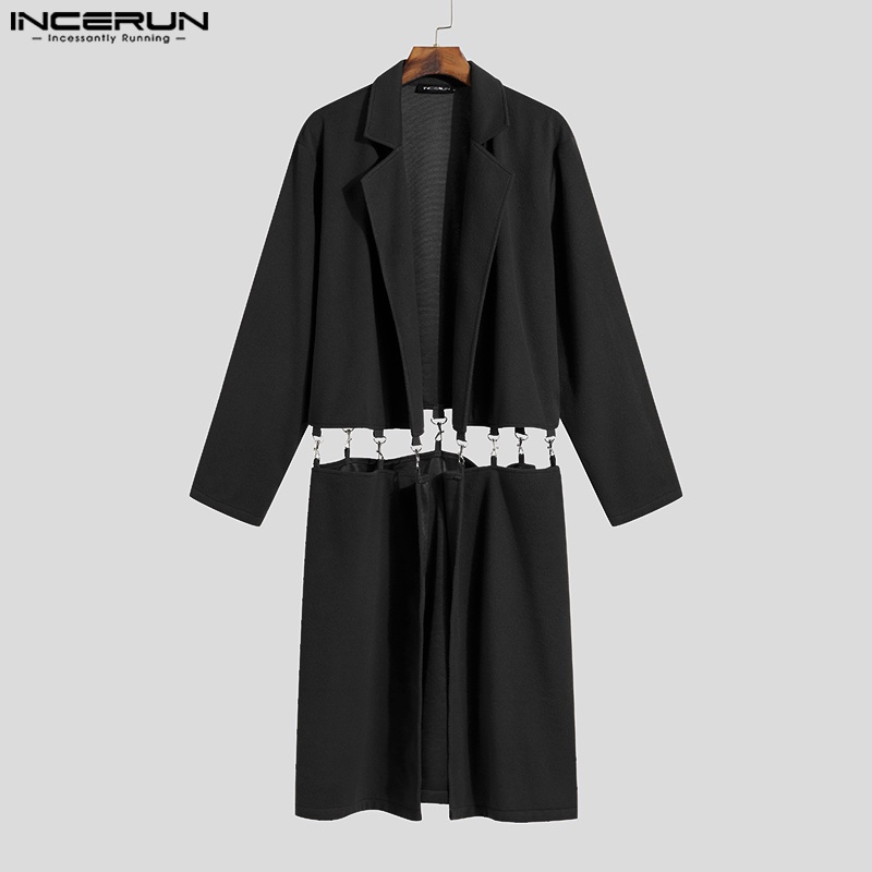 INCERUN Áo Khoác Dáng Dài Phối Dây Xích 3 Màu Thời Trang Thu Đông Cho Nam