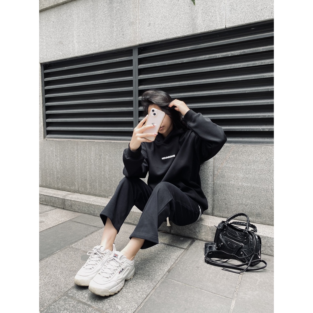 Áo Hoodie Nỉ Lót Lông Cừu local brand NEVASOME Signature v2 Đen Cotton Nỉ Bông 450gsm Form Rộng Nam Nữ Oversize