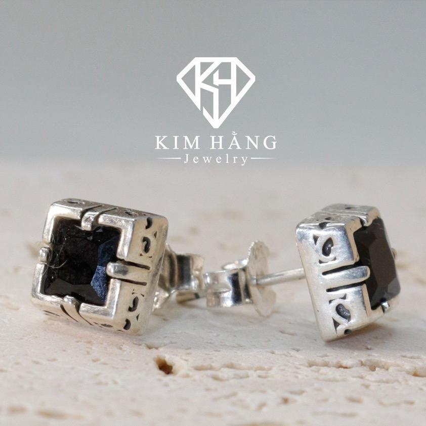 Khuyên Tai Bao Chấu Đá Vuông Đen KHJER036 - Chốt Đẩy
